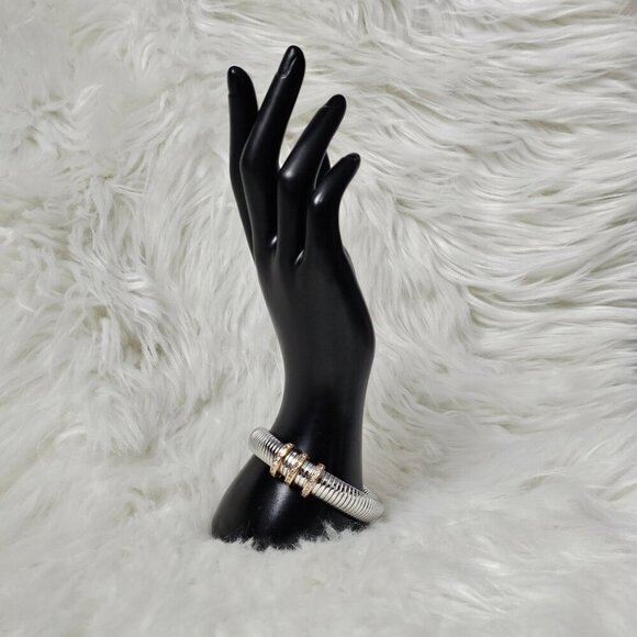 Pave Trio Snake Chain Two Tone Silver & Gold Band Bracelet - Picture 2 of 7